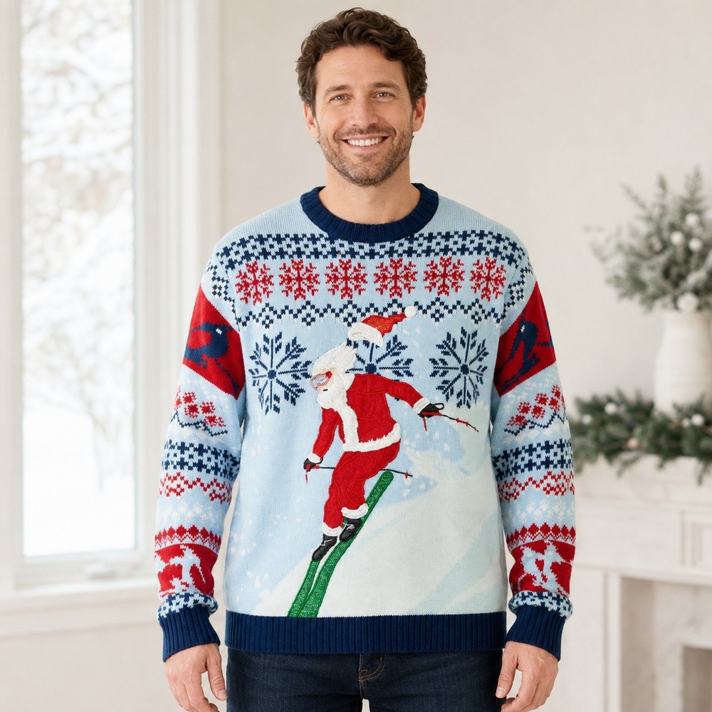 Blizzard Bay Mens Skiing Santa Ugly Christmas Sweater Blue Red Fair Isle